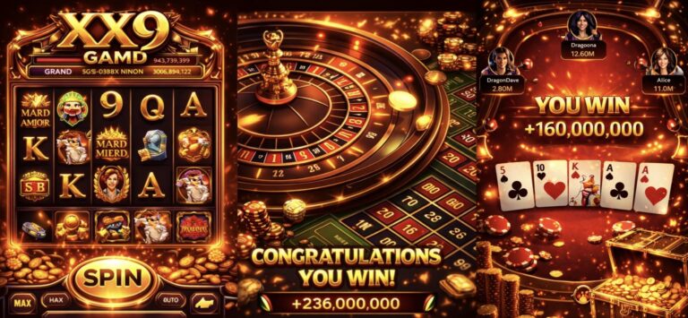 Promotional casino gaming banner showing three XX9 game screens: slot machine, roulette table, and poker win interface with glowing gold effects and jackpot winnings